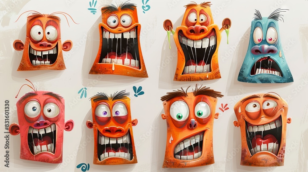 Depiction of characters with animated and expressive faces.