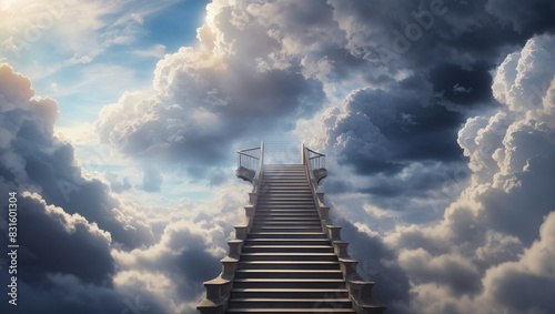  long staircase ascending into a bright, cloudy sky.