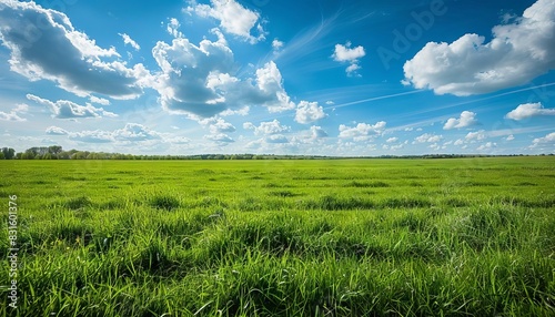 panoramic view of vast green field with freshly cut grass distant blue sky and wispy white clouds