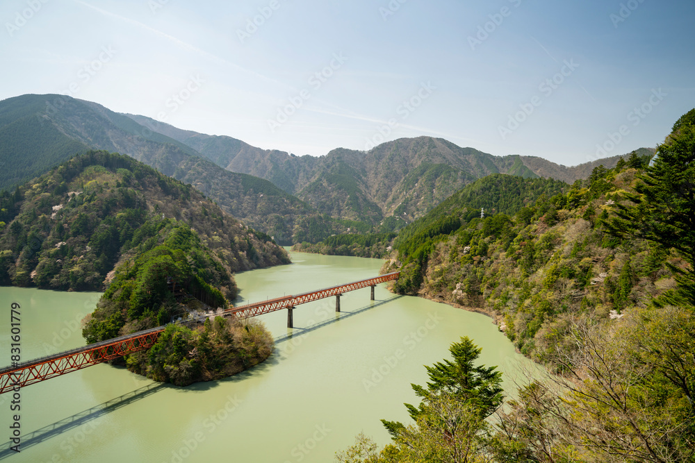 Fototapeta premium 静岡県川根本町 春の奥大井湖上駅の景色