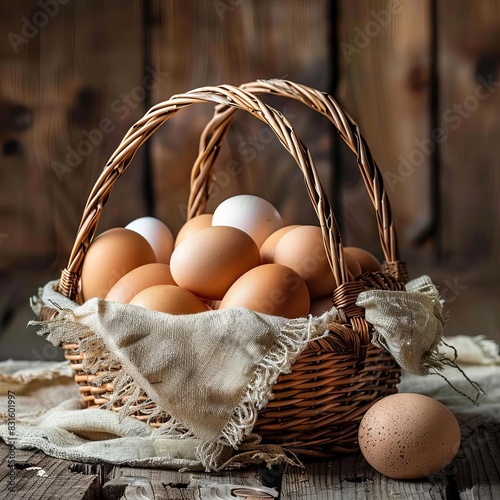 rustic basket of fresh eggs on wooden table still life food photography photo