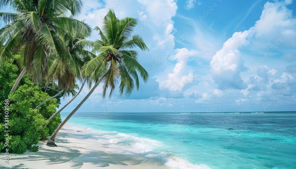 serene maldives paradise turquoise ocean and palm trees digital photograph