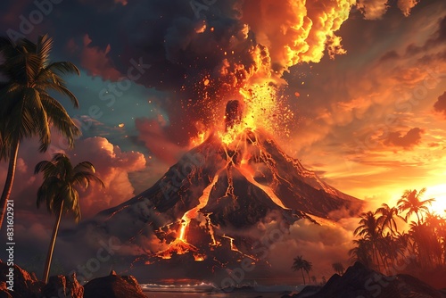 A volcano erupting on a tropical island, spewing molten lava and ash into the sky. photo
