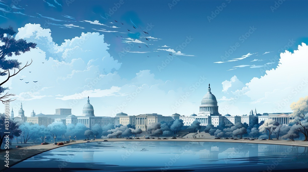 Fototapeta premium Panoramic Cityscape Watercolor Illustration of Famous Landmarks