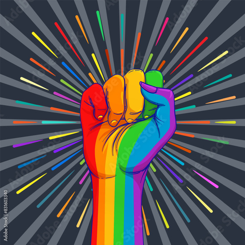 Rainbow colored hand with a fist raised up. Gay Pride. LGBT concept. Realistic style vector colorful illustration. Sticker, patch, t-shirt print, logo design.