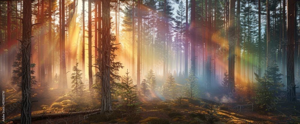 Abstract Enchanted Forest With Rainbow Lights, Background Abstract Enchanted Forest With Rainbow Lights, Background