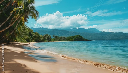 tropical paradise beach with golden sand turquoise water lush palm trees and distant mountains on horizon