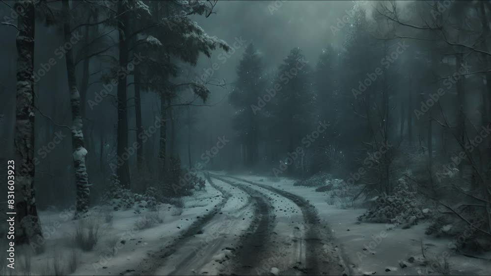 A dark and snowy forest with a road going through it. The trees are bare and the snow is falling heavily.