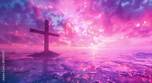 A large wooden cross stands on a hilltop overlooking a vast body of water. The sky is ablaze with color, and the water reflects the vibrant hues. The scene is one of peace and tranquility.