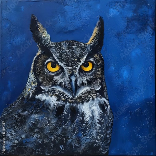 wise owl gazing intently piercing eyes against midnight blue background