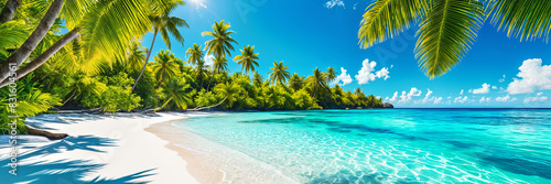 A serene tropical beach scene with clear blue skies, white sandy shores, and palm trees swaying gently in the breeze. photo