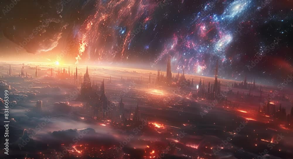 An epic science fiction scene of a futuristic city on a distant planet with a beautiful landscape of mountains and a colorful sky. An epic science fiction scene of a futuristic city on a distant planet with a beautiful landscape of mountains and a colorful sky.