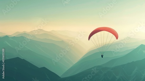 Image of a paraglider soaring above hills flat design top view sky sports theme animation Triadic Color Scheme