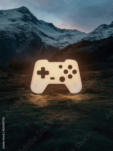 Glowing video game controller icon in a mountainous landscape at dusk.