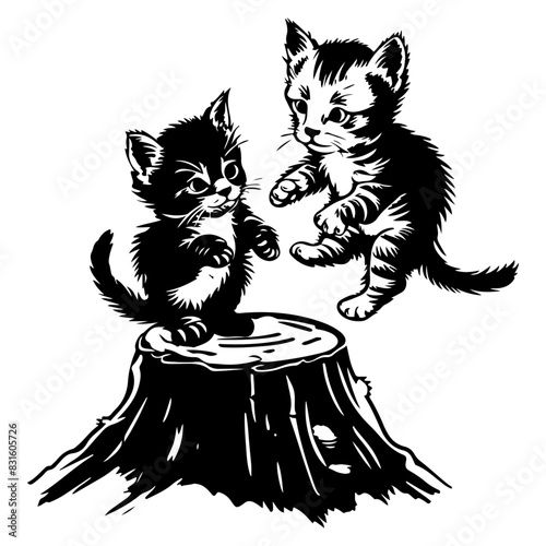 Two playful kittens on a tree stump, capturing a moment of joy and innocence in nature. vector design against white background ¥