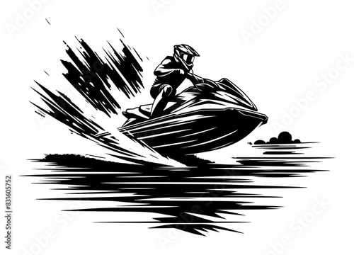 Man racing along in the water on a jet ski at high speed, depicting adventure, water sports, and excitement. vector design against white background ¥