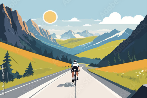 A cyclist rides on an open road through a beautiful mountainous landscape under a bright sun, capturing the essence of outdoor adventure and scenic travel. ¥