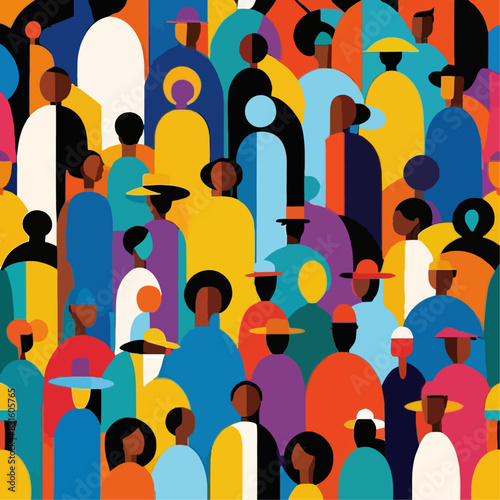 A vibrant and abstract illustration of a diverse crowd, highlighting community, multiculturalism, vector design against white background ¥