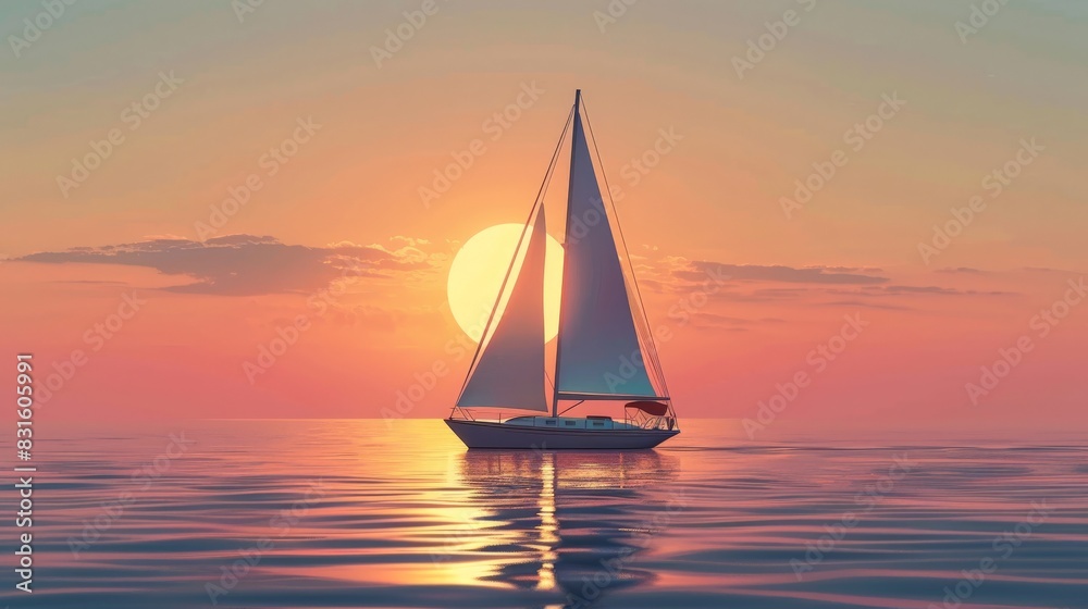 Image of a sailboat on a calm sea at sunset flat design top view serene sailing theme animation Tetradic color scheme