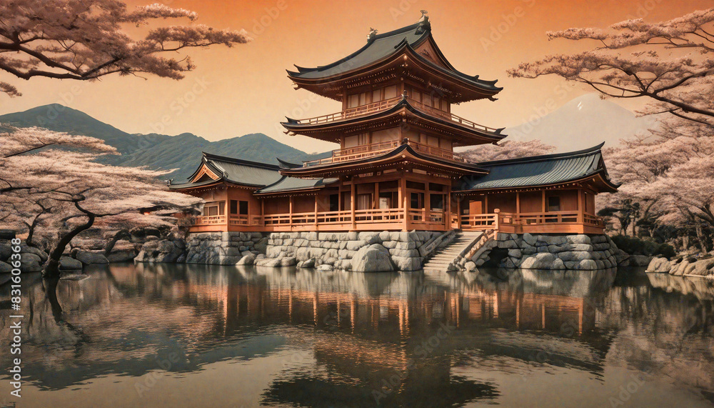 Obraz premium Ancient Graphic Style in Japanese Landscape Painting
