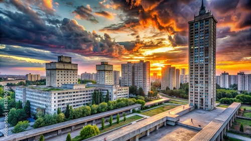 Concrete cityscape with Soviet brutalist architecture under an evening sky photo