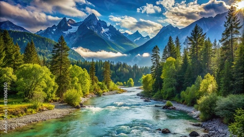 Scenic view of a river flowing through a lush forest with mountains in the background