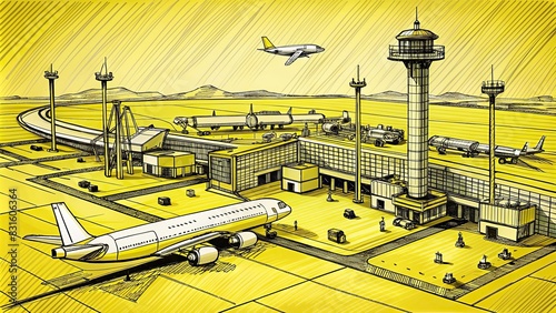 Hand-drawn modern airport in black and yellow fineliner pen with runways and terminals photo