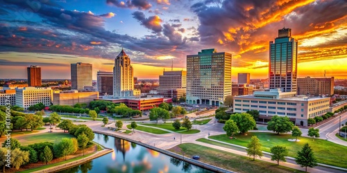 Cityscape of downtown Wichita, Kansas at sunset with impressive skyscrapers and urban architecture