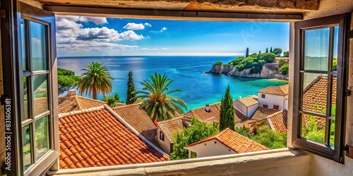 Description Open window overlooking turquoise Mediterranean waters, terracotta rooftops, and lush greenery under the warm sun photo