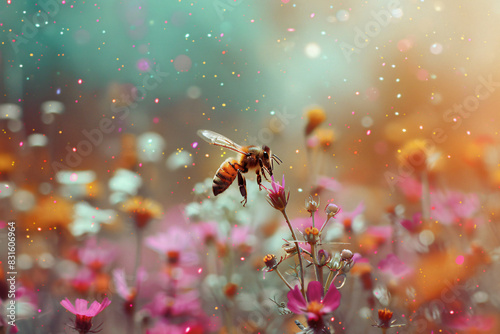 A painting of a bee flying over a field of flowers photo
