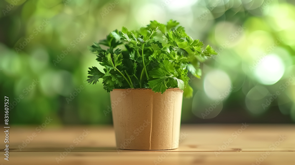 Fototapeta premium Ecological, organic parsley in a cardboard and wood container, promoting zero waste.