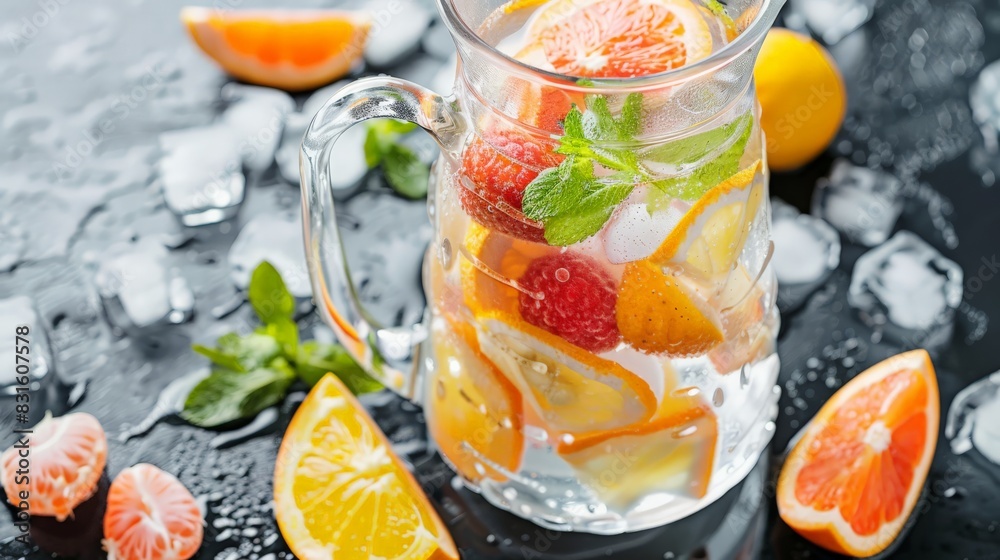 Close-up of a pitcher of fruit-infused water with orange, lemon, and strawberries on a dark background. A refreshing and healthy summer drink. Close-up of a pitcher of fruit-infused water with orange, lemon, and strawberries on a dark background. A refreshing and healthy summer drink.