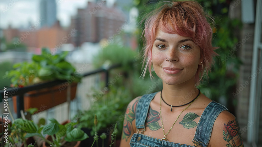 smiling young caucasian woman with short pink hair in her balcony with urban garden, local self-sufficient food production, hipster gen-z smiling young caucasian woman with short pink hair in her balcony with urban garden, local self-sufficient food production, hipster gen-z