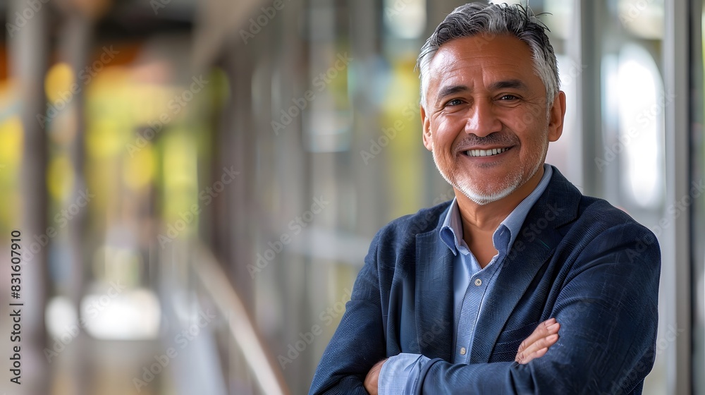 Handsome hispanic senior business man with crossed arms smiling at camera. Indian or latin confident mature good looking middle age leader male businessman on blur office background with copy space. Handsome hispanic senior business man with crossed arms smiling at camera. Indian or latin confident mature good looking middle age leader male businessman on blur office background with copy space.