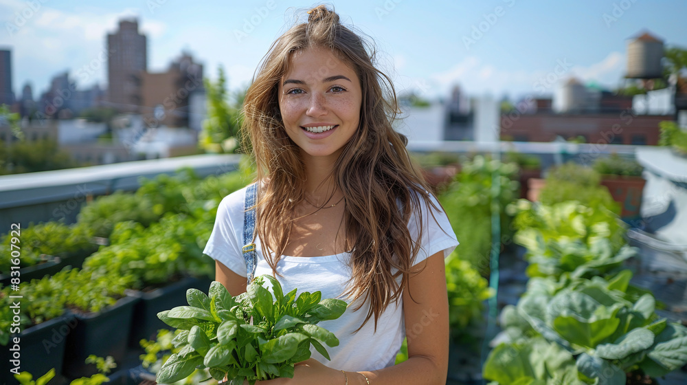 smiling young caucasian woman at a community urban garden in the rooftop of a building, local self-sufficient food production