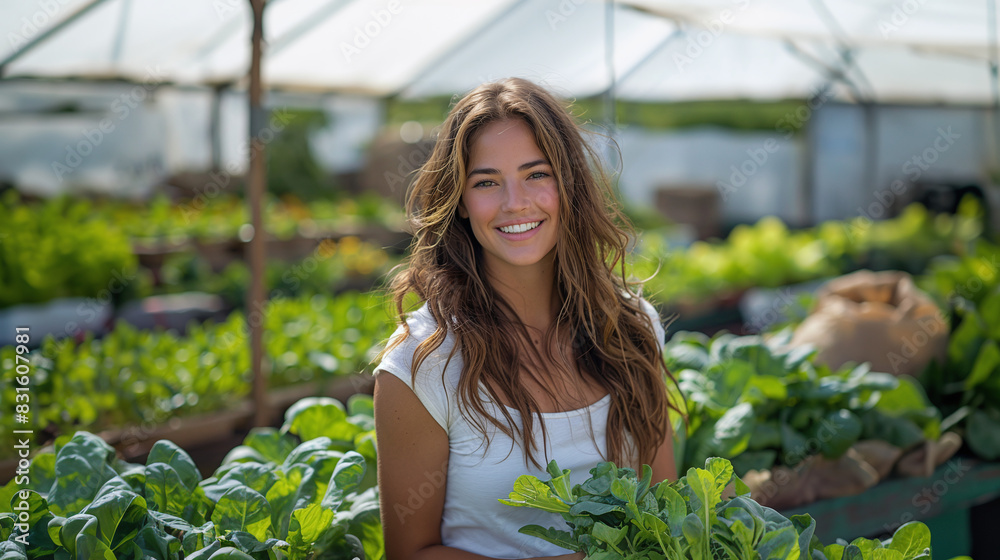 smiling young caucasian woman at a community urban garden in the rooftop of a building, local self-sufficient food production smiling young caucasian woman at a community urban garden in the rooftop of a building, local self-sufficient food production