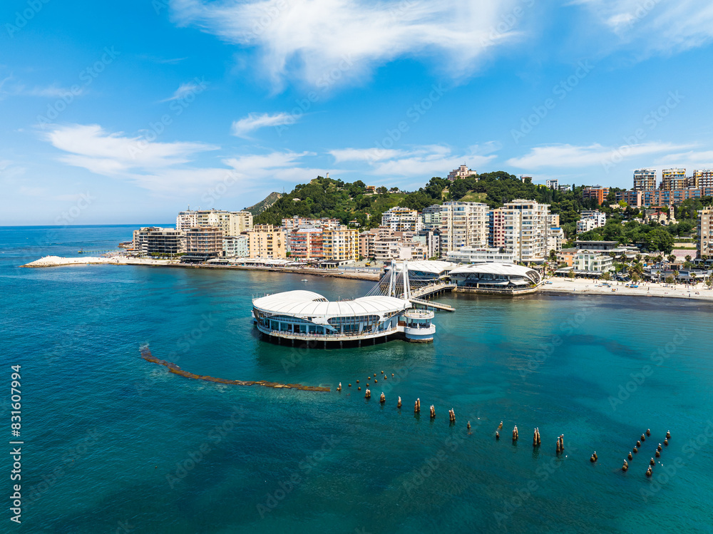 Fototapeta premium Pier and Promenade in Durres from a drone, Adriatic Sea, Albania, Europe