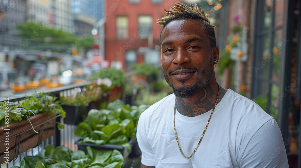 smiling young black man in his balcony with urban garden, local self-sufficient food production, big city eco life smiling young black man in his balcony with urban garden, local self-sufficient food production, big city eco life