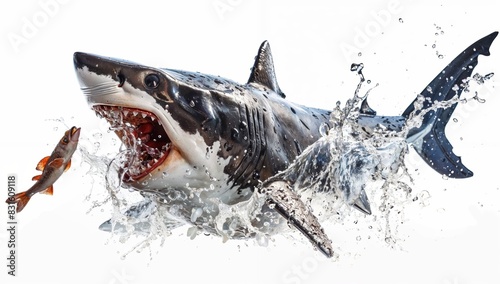 Stuffed shark eating simulated fish, splashing water effects, isolated on white