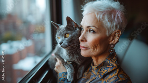 senior chic beautiful caucasian woman hugging her adopted grey cat at her apartment in the city, therapeutic pet