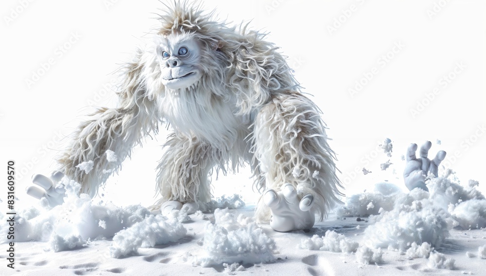 Obraz premium 3D plush yeti/Bigfoot toy surrounded by simulated snow and footprints, isolated on white