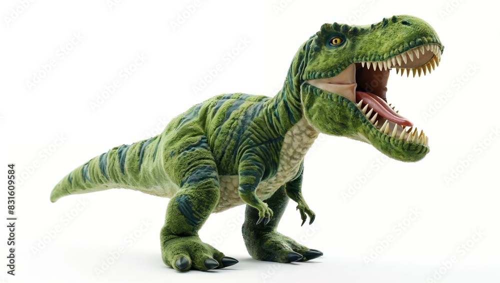 Fototapeta premium 3D simulation of plush dinosaur toy roaring with motion blur, isolated on white