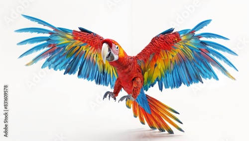 3D simulation of stuffed parrot toy flapping and flying, isolated on white photo