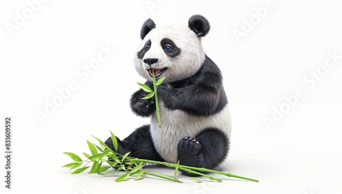 3D toy panda sitting and eating simulated bamboo  isolated on white