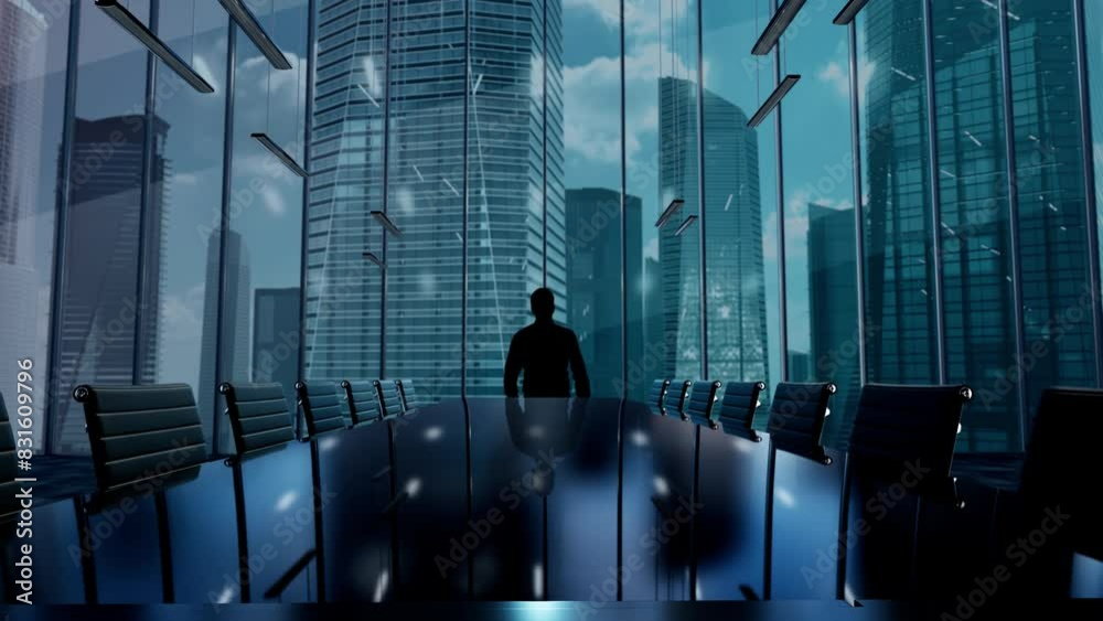Transforming the Future. Businessman Working in Office among Skyscrapers. Hologram Concept