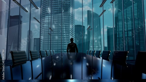 Transforming the Future. Businessman Working in Office among Skyscrapers. Hologram Concept