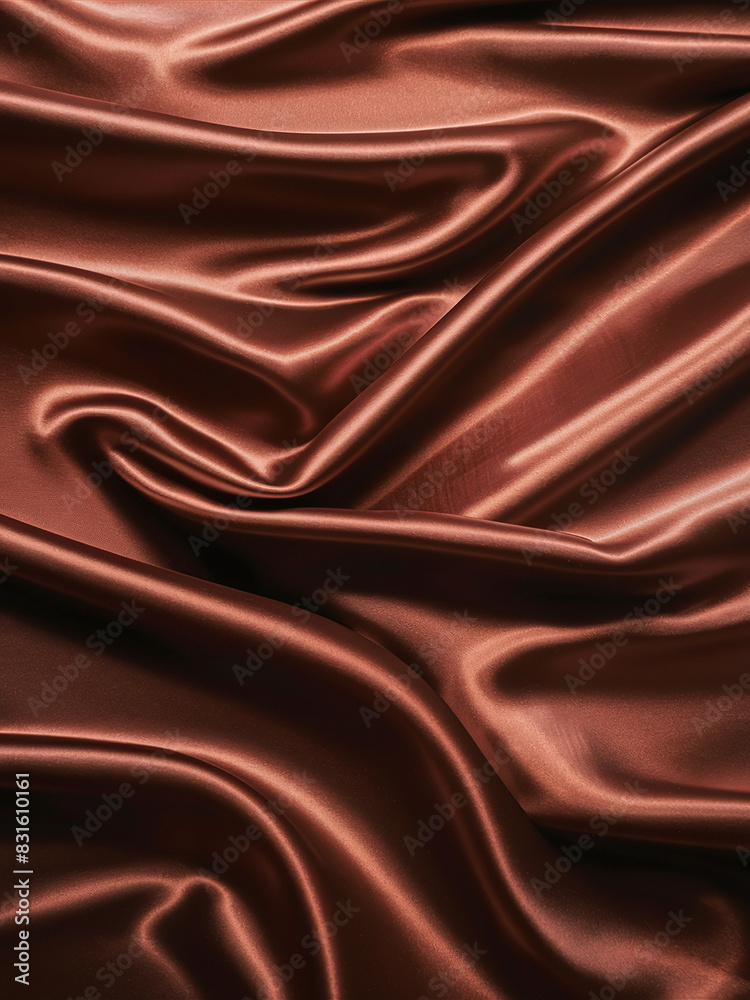 Close-up of luxurious, smooth, shiny brown satin fabric with elegant folds and drapes. Close-up of luxurious, smooth, shiny brown satin fabric with elegant folds and drapes.