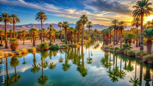Palm trees lining a vast desert oasis photo