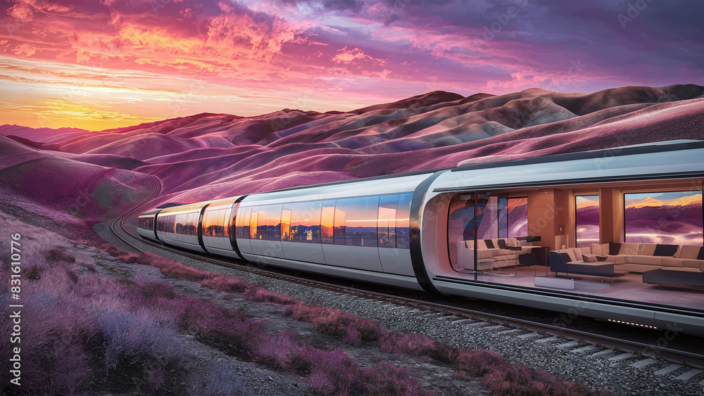 Fototapeta premium Futuristic train traveling through scenic landscape with rolling hills at sunset. Train has sleek, modern design with large windows, sky painted vibrant colors: pink, purple, orange.