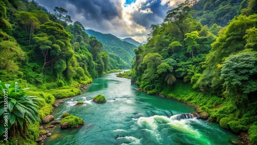 Majestic river flowing through lush green jungle © artsakon